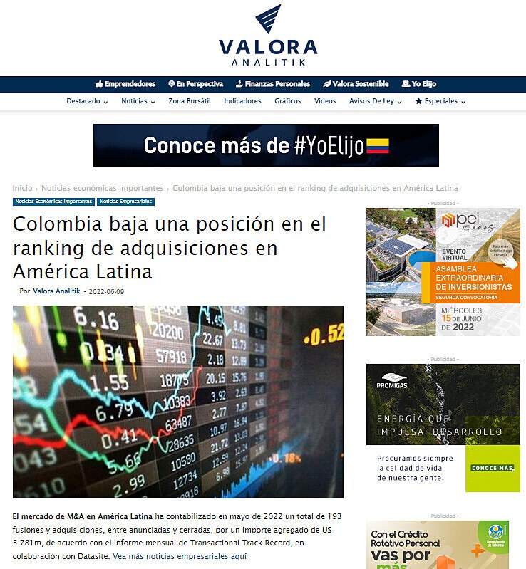 Colombia baja una posición en el ranking de adquisiciones en América Latina